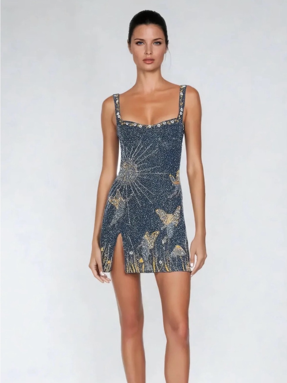 Sparkly mini dress in midnight blue with Celestial design